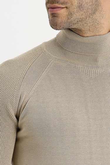 Orta Bej Balıkçı Yaka Slim Fit Dar Kesim Desenli Pamuklu Triko Kazak