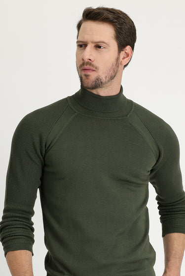 Açık Haki Balıkçı Yaka Slim Fit Dar Kesim Desenli Pamuklu Triko Kazak