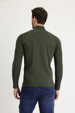  Açık Haki Balıkçı Yaka Slim Fit Dar Kesim Desenli Pamuklu Triko Kazak