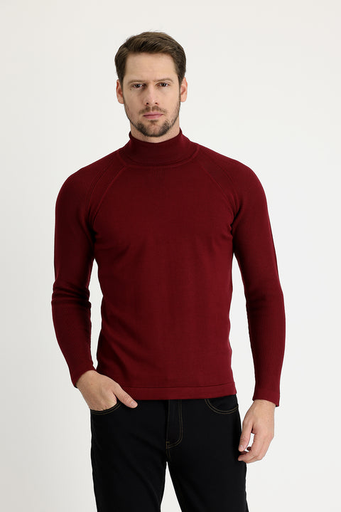 Açık Bordo Balıkçı Yaka Slim Fit Dar Kesim Desenli Pamuklu Triko Kazak