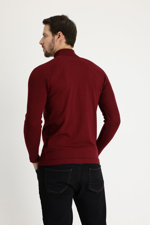 Açık Bordo Balıkçı Yaka Slim Fit Dar Kesim Desenli Pamuklu Triko Kazak