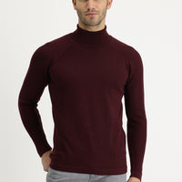 Koyu Bordo Balıkçı Yaka Slim Fit Dar Kesim Desenli Pamuklu Triko Kazak