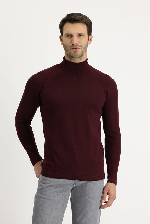 Koyu Bordo Balıkçı Yaka Slim Fit Dar Kesim Desenli Pamuklu Triko Kazak