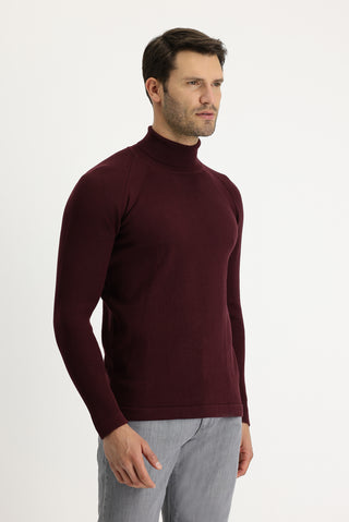  Koyu Bordo Balıkçı Yaka Slim Fit Dar Kesim Desenli Pamuklu Triko Kazak