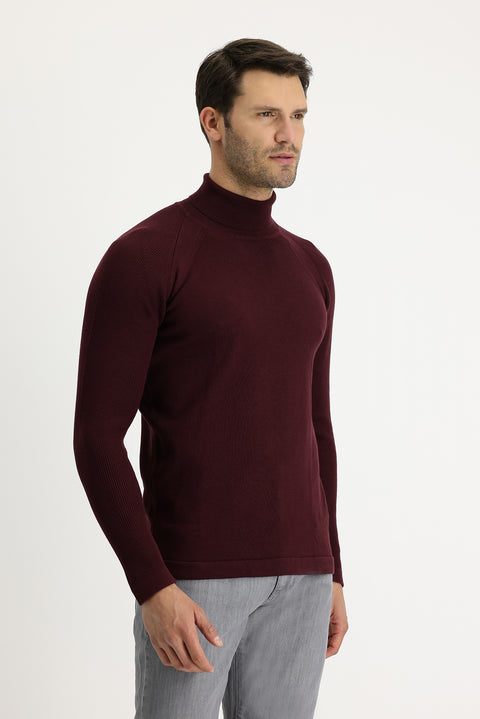 Koyu Bordo Balıkçı Yaka Slim Fit Dar Kesim Desenli Pamuklu Triko Kazak