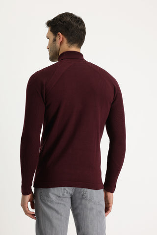  Koyu Bordo Balıkçı Yaka Slim Fit Dar Kesim Desenli Pamuklu Triko Kazak
