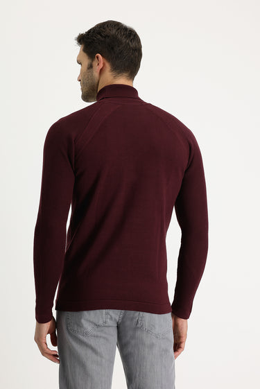  Koyu Bordo Balıkçı Yaka Slim Fit Dar Kesim Desenli Pamuklu Triko Kazak
