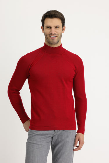 Koyu Kırmızı Balıkçı Yaka Slim Fit Dar Kesim Desenli Pamuklu Triko Kazak