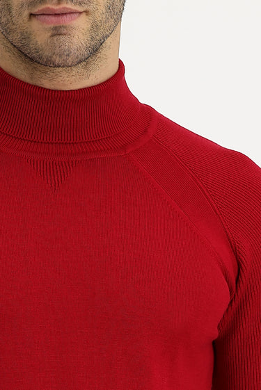 Koyu Kırmızı Balıkçı Yaka Slim Fit Dar Kesim Desenli Pamuklu Triko Kazak