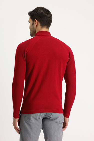 Koyu Kırmızı Balıkçı Yaka Slim Fit Dar Kesim Desenli Pamuklu Triko Kazak