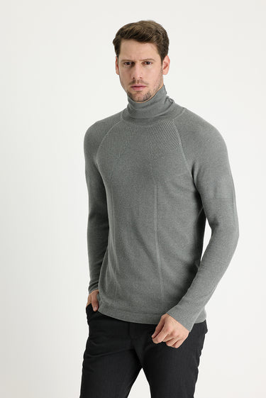 Orta Gri Melanj Balıkçı Yaka Slim Fit Dar Kesim Desenli Pamuklu Triko Kazak