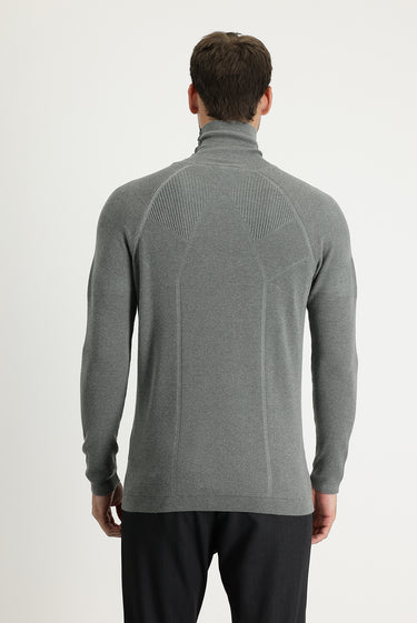Orta Gri Melanj Balıkçı Yaka Slim Fit Dar Kesim Desenli Pamuklu Triko Kazak
