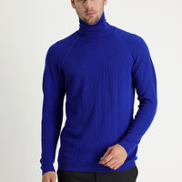 Açık Saks Mavi Balıkçı Yaka Slim Fit Dar Kesim Desenli Pamuklu Triko Kazak