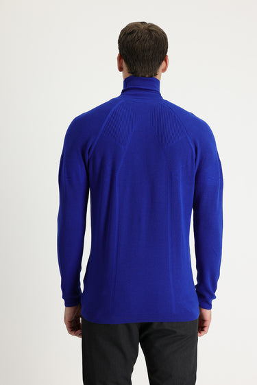  Açık Saks Mavi Balıkçı Yaka Slim Fit Dar Kesim Desenli Pamuklu Triko Kazak
