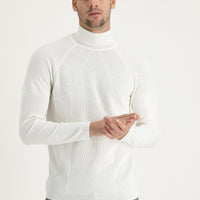 Ekru Balıkçı Yaka Slim Fit Dar Kesim Desenli Pamuklu Triko Kazak