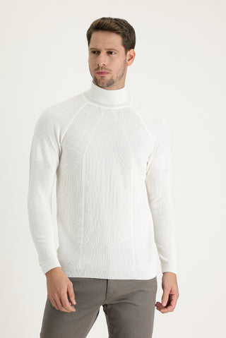  Ekru Balıkçı Yaka Slim Fit Dar Kesim Desenli Triko Kazak