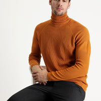 Bal Kabağı Balıkçı Yaka Slim Fit Dar Kesim Desenli Pamuklu Triko Kazak