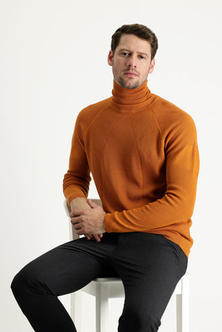  Bal Kabağı Balıkçı Yaka Slim Fit Dar Kesim Desenli Pamuklu Triko Kazak