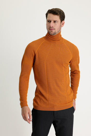  Bal Kabağı Balıkçı Yaka Slim Fit Dar Kesim Desenli Pamuklu Triko Kazak