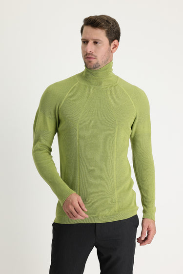  Fıstık Yeşili Balıkçı Yaka Slim Fit Dar Kesim Desenli Pamuklu Triko Kazak