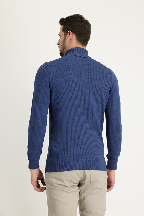 İndigo Melanj Balıkçı Yaka Slim Fit Dar Kesim Desenli Triko Kazak