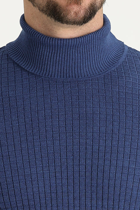 İndigo Melanj Balıkçı Yaka Slim Fit Dar Kesim Desenli Triko Kazak