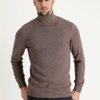 Açık Kahve Melanj Balıkçı Yaka Slim Fit Dar Kesim Desenli Triko Kazak