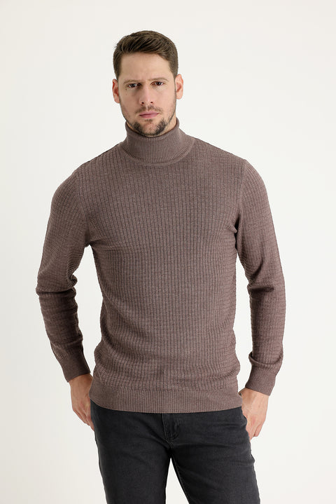 Açık Kahve Melanj Balıkçı Yaka Slim Fit Dar Kesim Desenli Triko Kazak