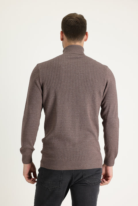 Açık Kahve Melanj Balıkçı Yaka Slim Fit Dar Kesim Desenli Triko Kazak