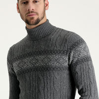 Orta Füme Balıkçı Yaka Slim Fit Dar Kesim Yünlü Desenli Triko Kazak