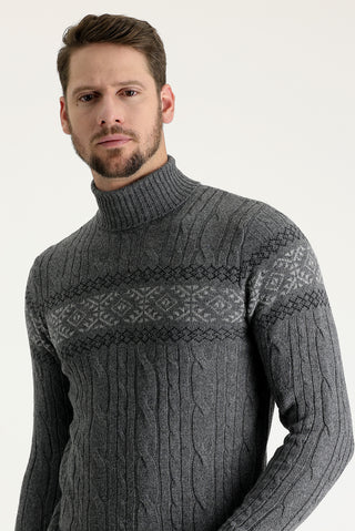  Orta Füme Balıkçı Yaka Slim Fit Dar Kesim Yünlü Desenli Triko Kazak