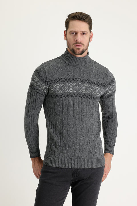 Orta Füme Balıkçı Yaka Slim Fit Dar Kesim Yünlü Desenli Triko Kazak