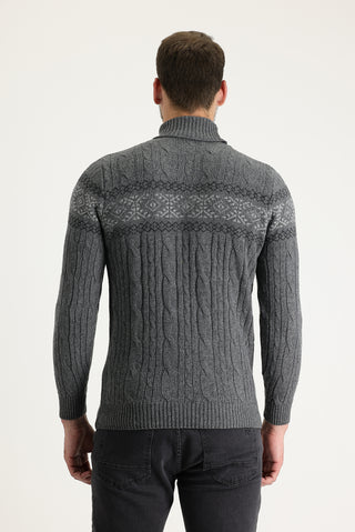  Orta Füme Balıkçı Yaka Slim Fit Dar Kesim Yünlü Desenli Triko Kazak