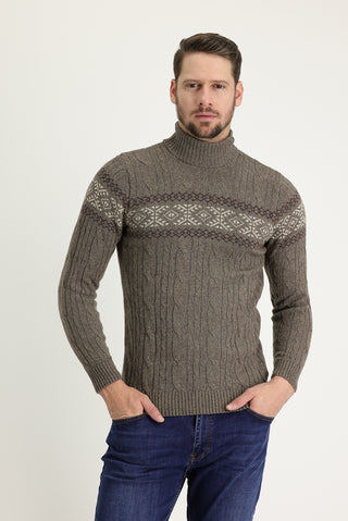  Orta Kahve Balıkçı Yaka Slim Fit Dar Kesim Yünlü Desenli Triko Kazak