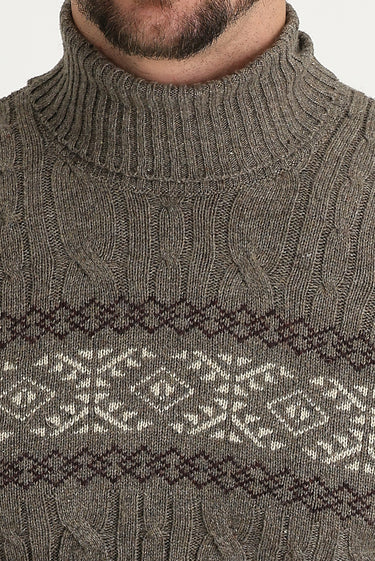 Orta Kahve Balıkçı Yaka Slim Fit Dar Kesim Yünlü Desenli Triko Kazak
