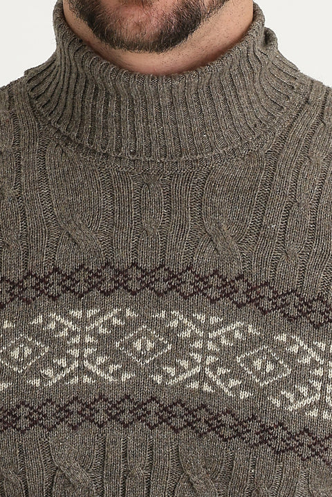 Orta Kahve Balıkçı Yaka Slim Fit Dar Kesim Yünlü Desenli Triko Kazak
