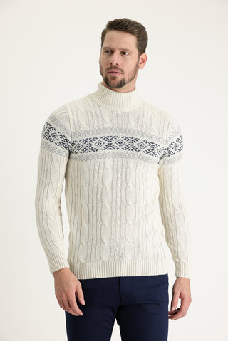  Ekru Balıkçı Yaka Slim Fit Dar Kesim Yünlü Desenli Triko Kazak
