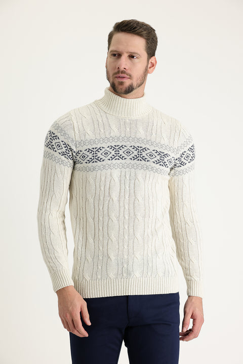 Ekru Balıkçı Yaka Slim Fit Dar Kesim Yünlü Desenli Triko Kazak