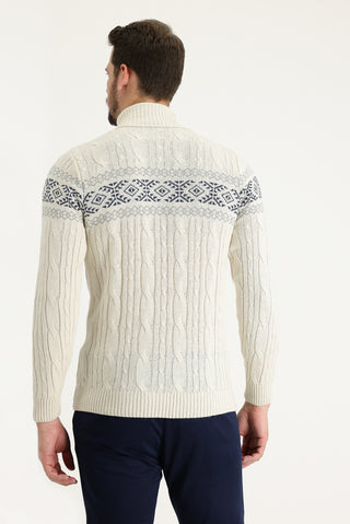  Ekru Balıkçı Yaka Slim Fit Dar Kesim Yünlü Desenli Triko Kazak
