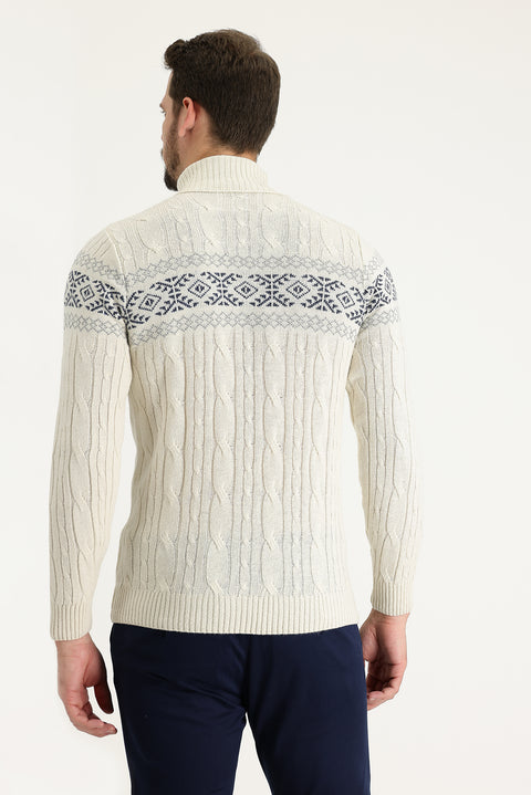 Ekru Balıkçı Yaka Slim Fit Dar Kesim Yünlü Desenli Triko Kazak