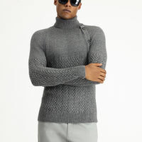 Orta Gri Melanj Balıkçı Yaka Slim Fit Dar Kesim Desenli Yünlü Triko Kazak