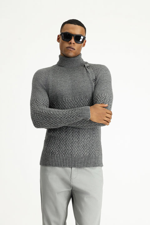 Orta Gri Melanj Balıkçı Yaka Slim Fit Dar Kesim Desenli Yünlü Triko Kazak