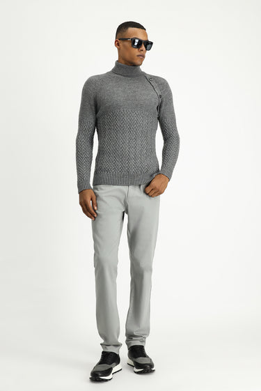 Orta Gri Melanj Balıkçı Yaka Slim Fit Dar Kesim Desenli Yünlü Triko Kazak