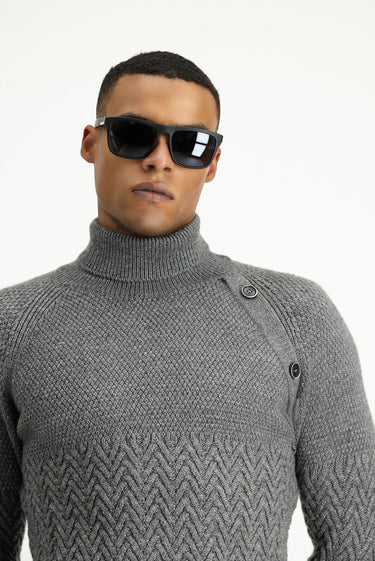Orta Gri Melanj Balıkçı Yaka Slim Fit Dar Kesim Desenli Yünlü Triko Kazak
