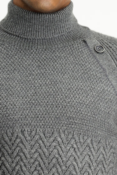 Orta Gri Melanj Balıkçı Yaka Slim Fit Dar Kesim Desenli Yünlü Triko Kazak