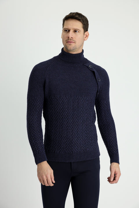 Orta Lacivert Melanj Balıkçı Yaka Slim Fit Dar Kesim Desenli Yünlü Triko Kazak