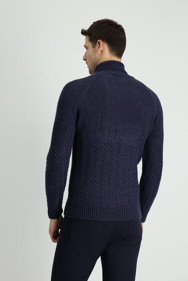 Orta Lacivert Melanj Balıkçı Yaka Slim Fit Dar Kesim Desenli Yünlü Triko Kazak