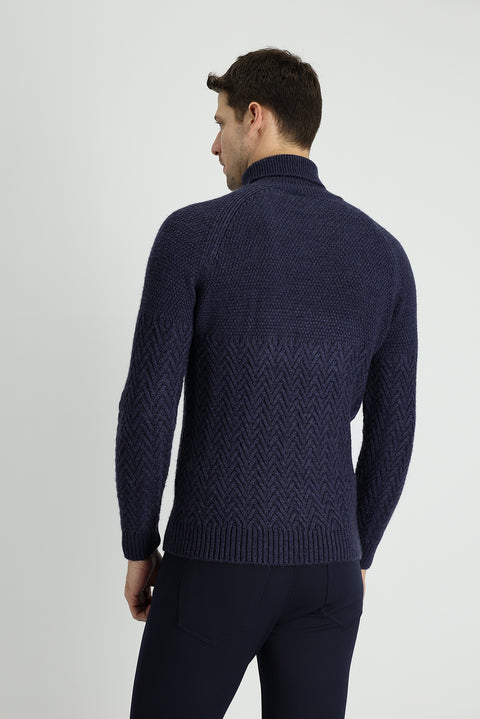 Orta Lacivert Melanj Balıkçı Yaka Slim Fit Dar Kesim Desenli Yünlü Triko Kazak