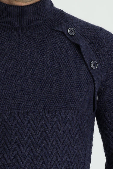 Orta Lacivert Melanj Balıkçı Yaka Slim Fit Dar Kesim Desenli Yünlü Triko Kazak