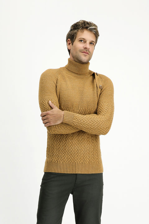 Camel Balıkçı Yaka Slim Fit Dar Kesim Desenli Yünlü Triko Kazak